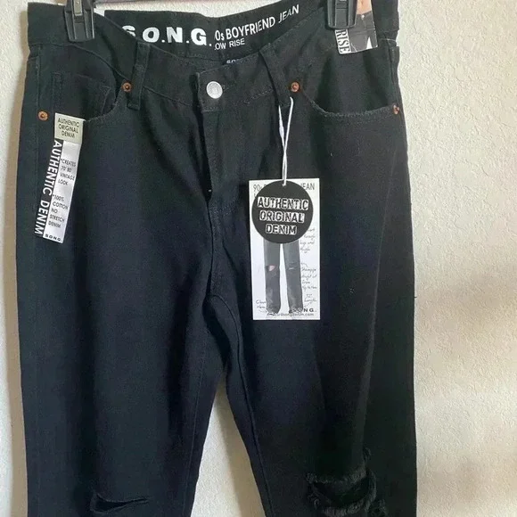 S.O.N.G. 90’s Boyfriend Low Rise Stretch Denim Distressed Black Jeans Size 9/29 - Picture 2 of 10